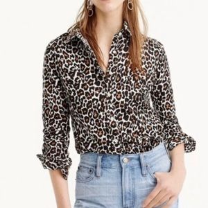 J. Crew Slim Perfect Leopard Linen Blend Button Down Shirt Classic Trendy Sz 4
